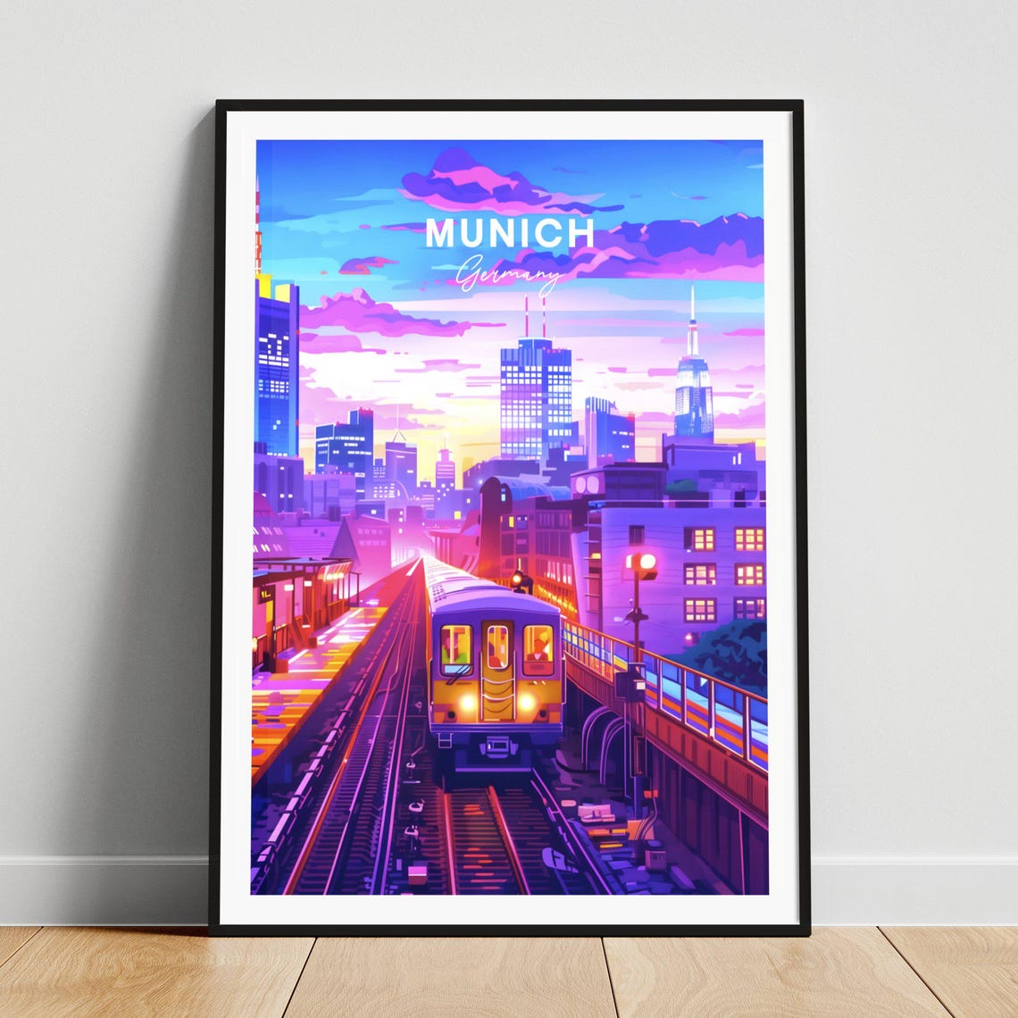 Munich Germany Night Train Elevated Railway City Lights Travel Poster