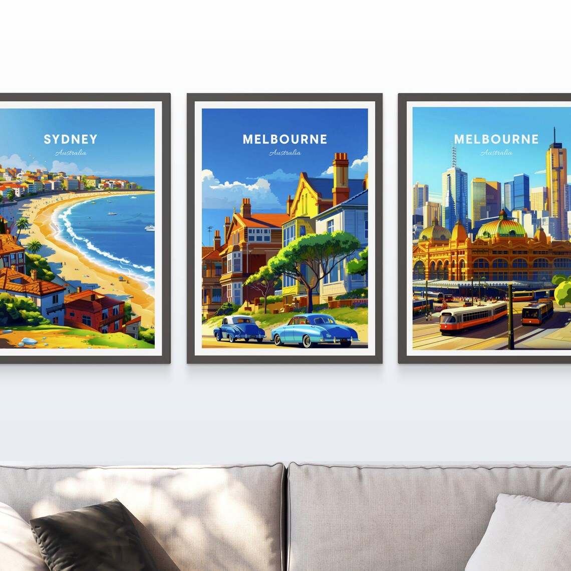 Melbourne Australia Vintage Street with Classic Cars Travel Poster - Image 3