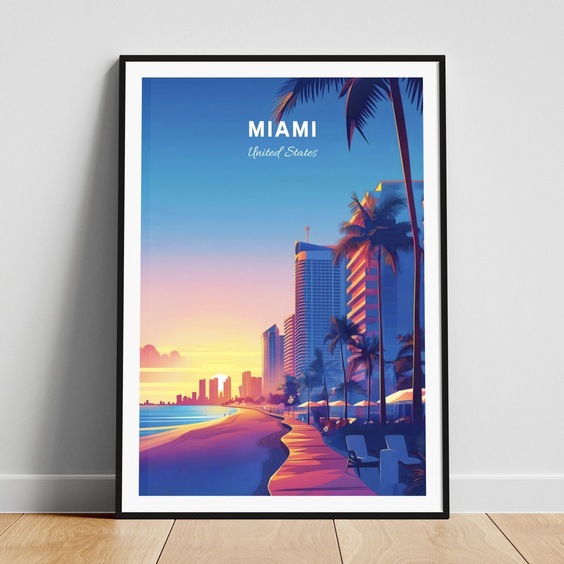 Miami Florida Beach Boardwalk Palm Trees Sunset Skyline Travel Poster