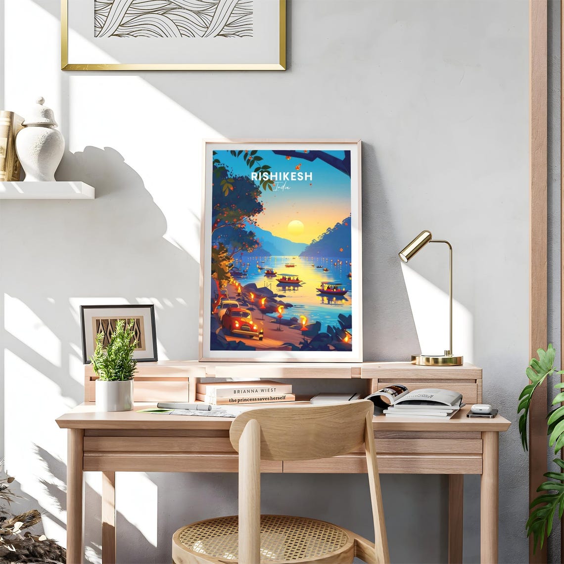 Rishikesh India Sunset River with Floating Lamps and Boats Poster - Image 4
