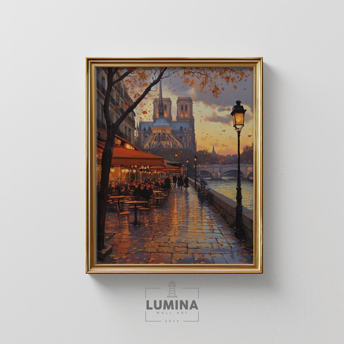 Notre Dame Paris Cathedral Seine Sunset Quay Painting Poster