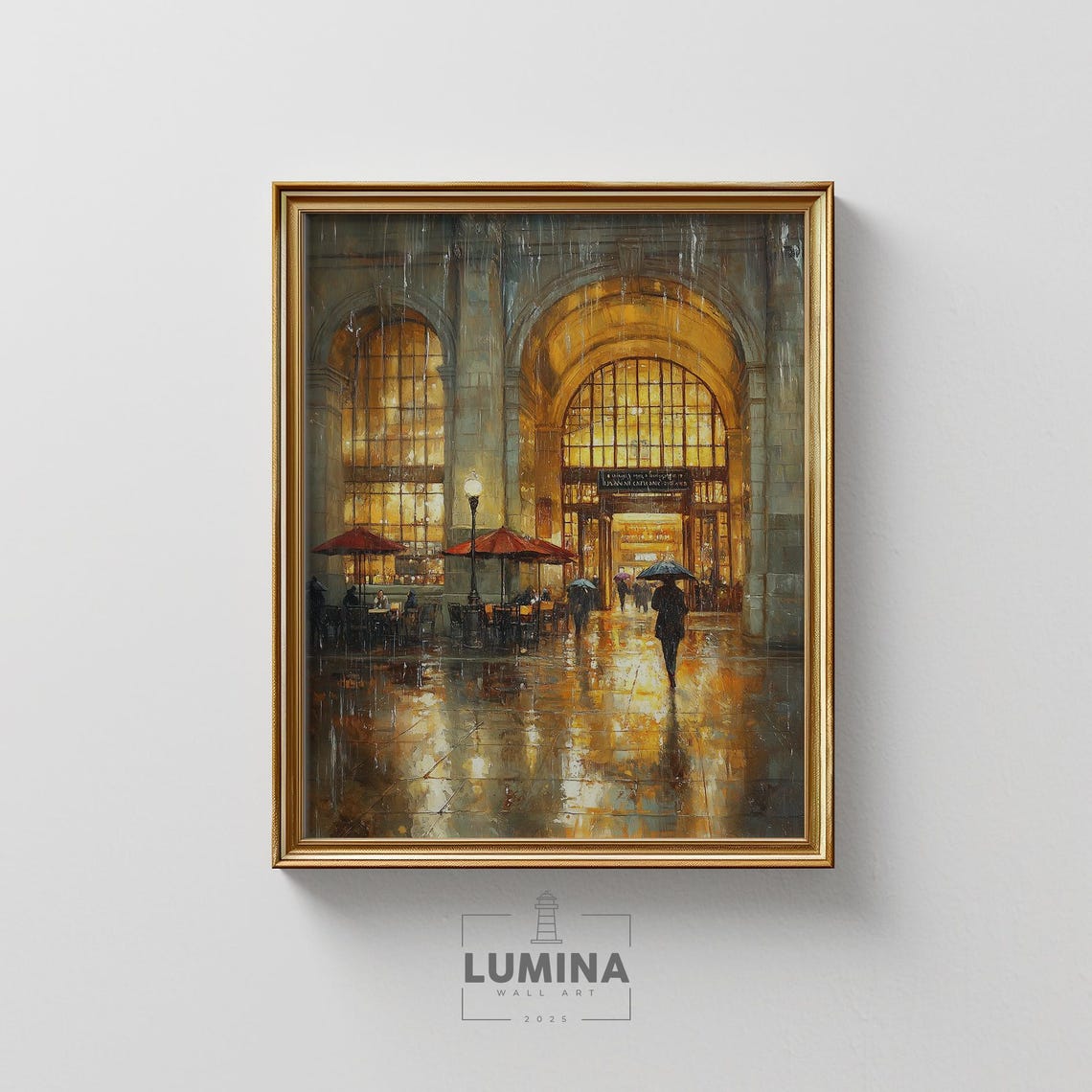 Rainy Night Grand Station Cafe Umbrellas Oil Painting Wall Art