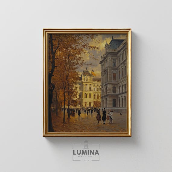 Elegant European Street In Autumn Vintage Cityscape Wall Art Warm Fall Tones Historic Architecture Print Painting 318