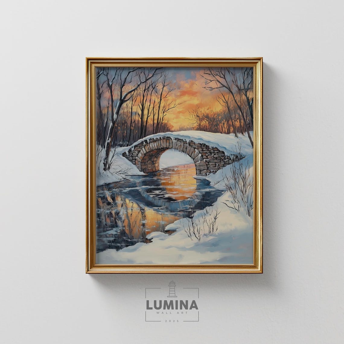 Snow Covered Stone Bridge Frozen River Winter Sunset Landscape Poster