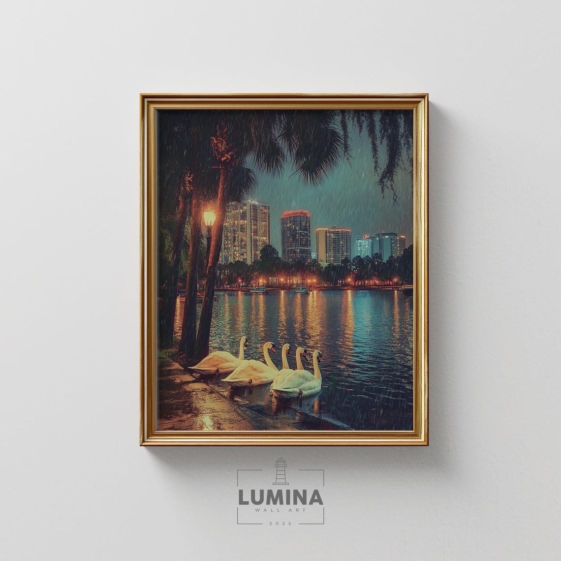 Swans on Rainy Night Lake with Glowing City Skyline Art Poster