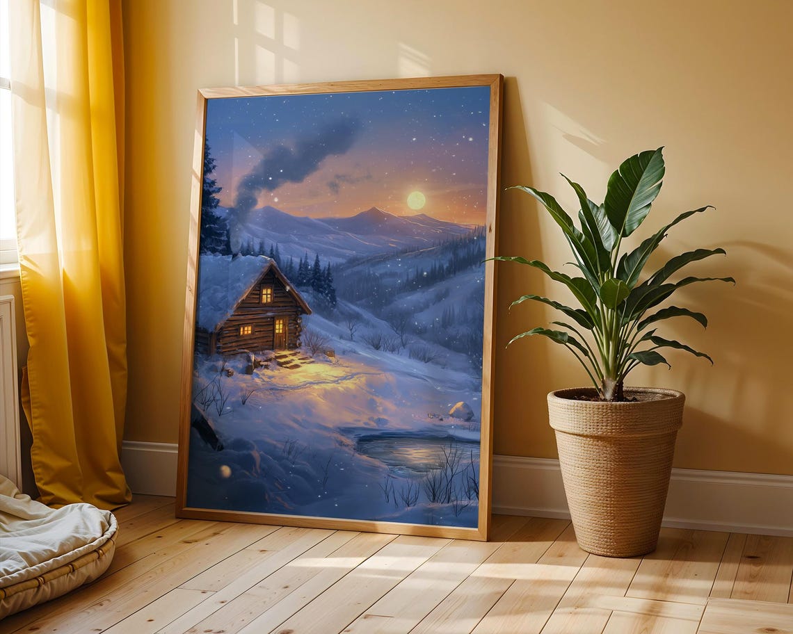 Rustic Cabin Snowy Meadow Moonlit Mountains Cozy Winter Poster