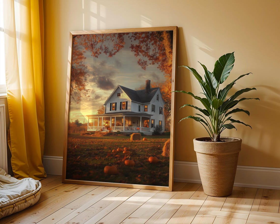 Autumn Farmhouse Sunset Pumpkin Patch Rustic Country Landscape Poster