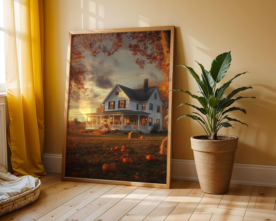 Charming Autumn Farmhouse Rustic Country Home Cozy Fall Landscape Pumpkin Patch Warm Tones Wall Art 3