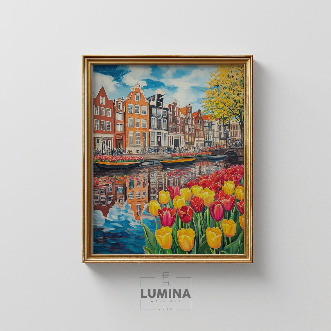 Amsterdam Canal Tulips Spring Dutch Gabled Houses Waterfront Poster