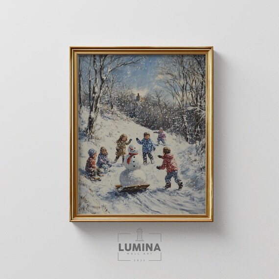 Joyful Children Building Snowman in Snow Winter Wonderland Painting Poster