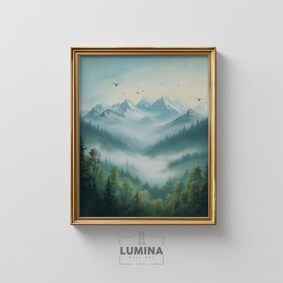 Misty Mountain Peaks At Dawn Moody Nature Landscape Serene Evergreen Scene Earthy Tranquil Wall Art Painting 340