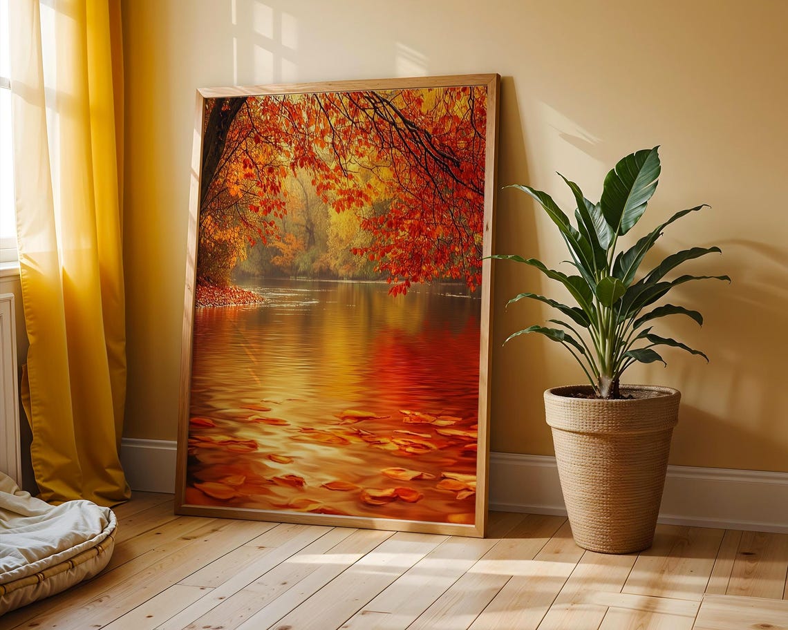 Autumn Riverbank With Falling Leaves Peaceful Fall Landscape Rustic Nature Scene Golden Reflections Earthy 16