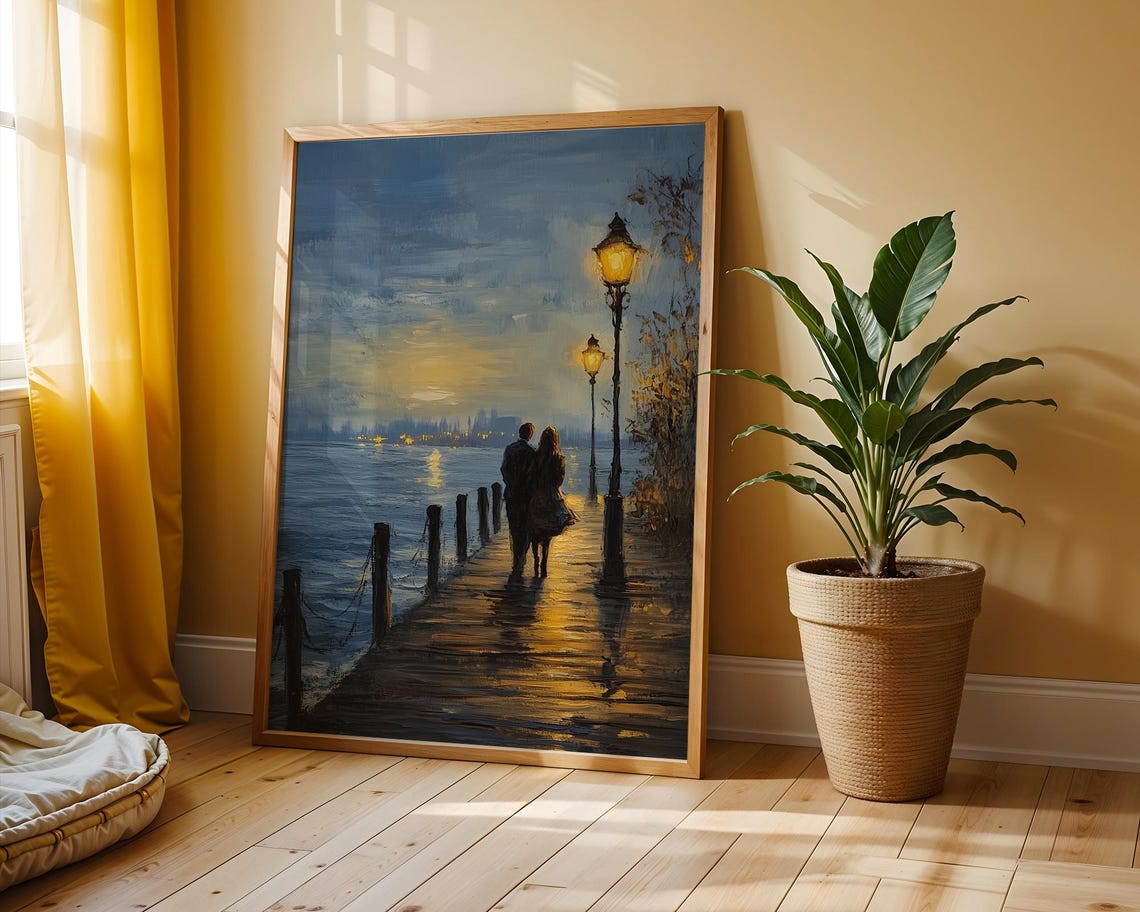 Moonlit Pier Stroll Romantic Couple Under Lamplight Night Scene Poster