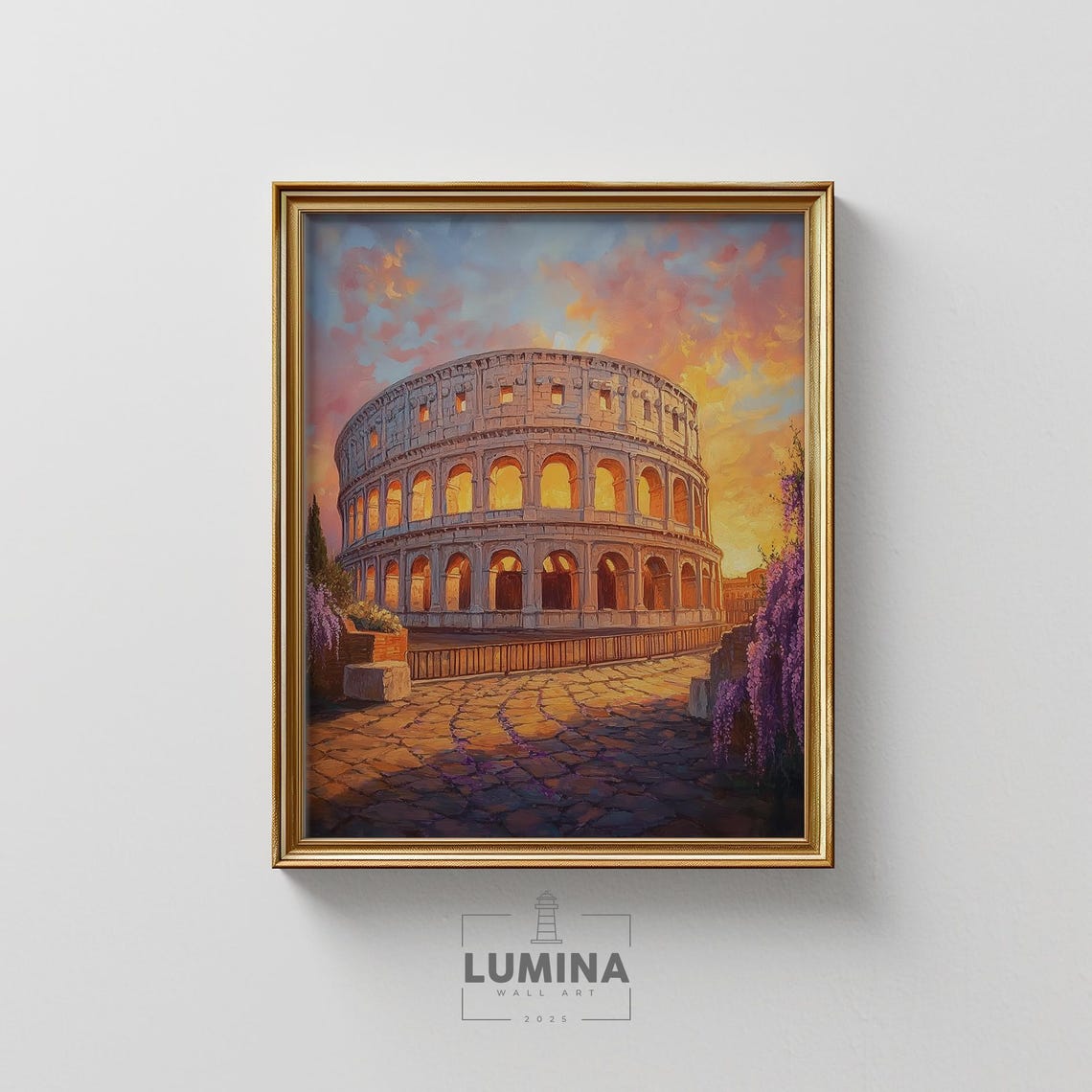 Colosseum Rome at Sunset Glowing Arches Warm Light Painting Poster