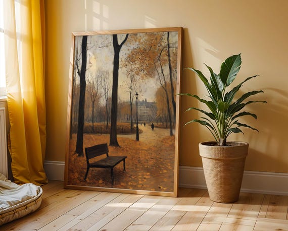 A Solitary Bench In An Autumn Park Peaceful Fall Scene Quiet Nature Retreat Golden Treelined Path Moody Wall Art 20