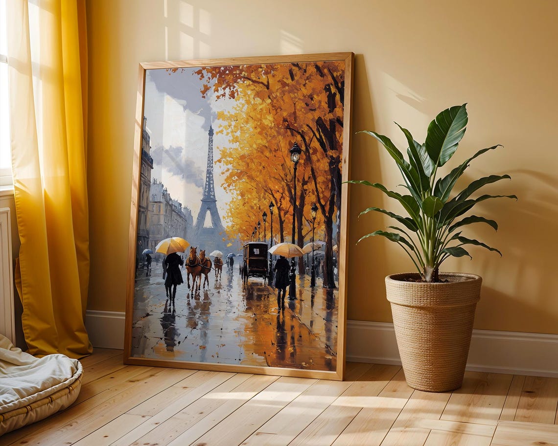 Rainy Paris Boulevard Eiffel Tower Autumn Umbrellas City Poster