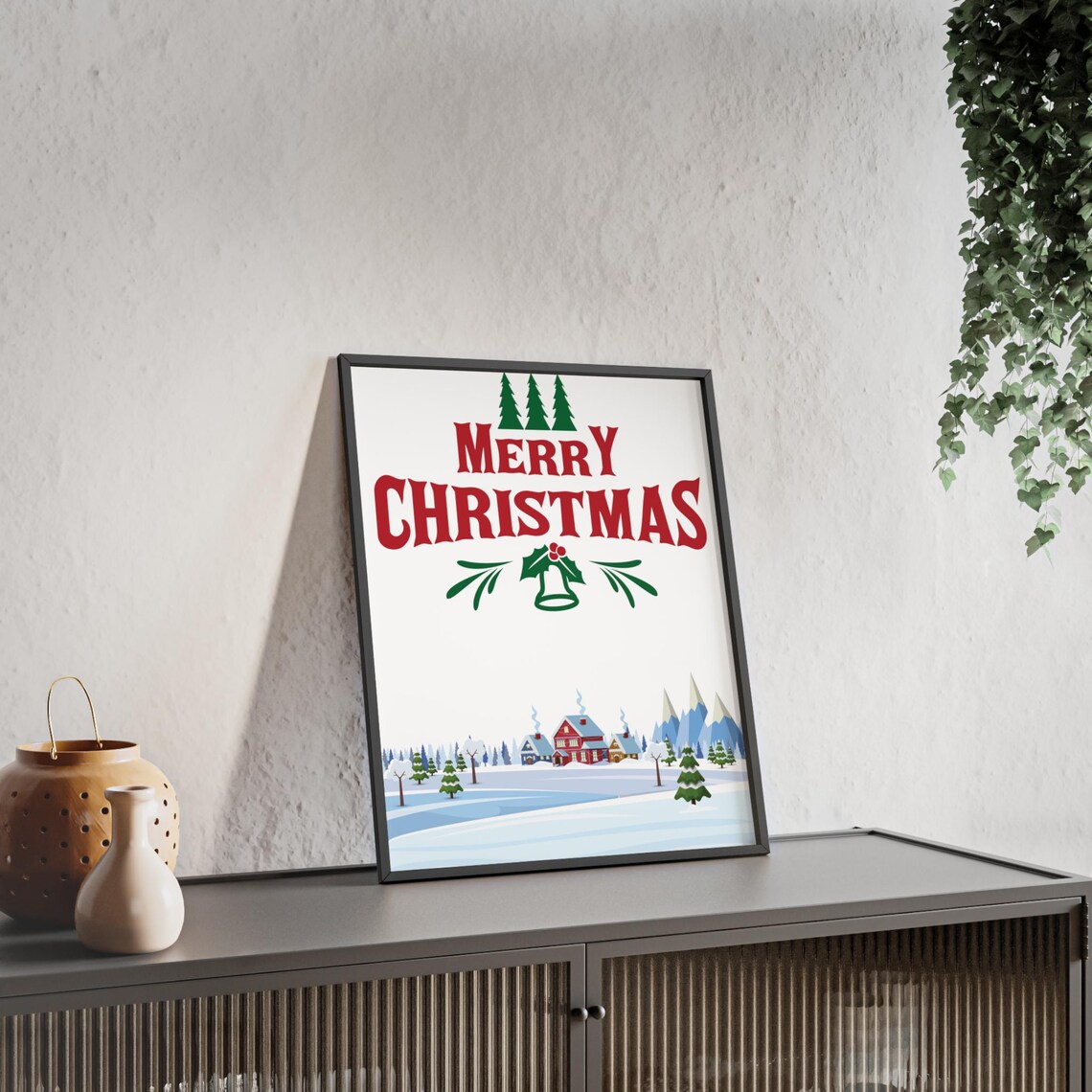 Merry Christmas Retro Village Snowy Pines Cozy Holiday Poster