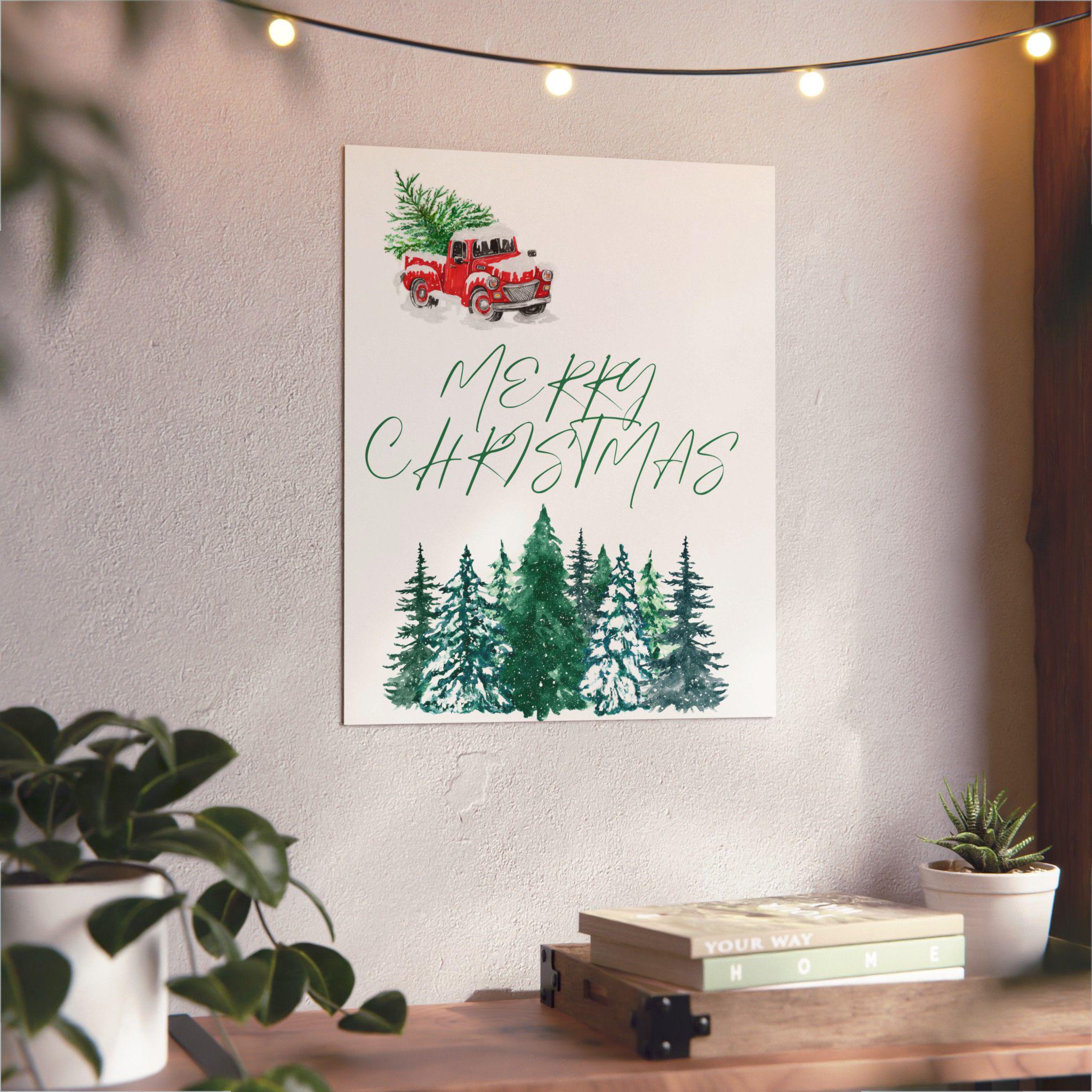 Merry Christmas Red Truck With Tree Watercolor Winter Poster