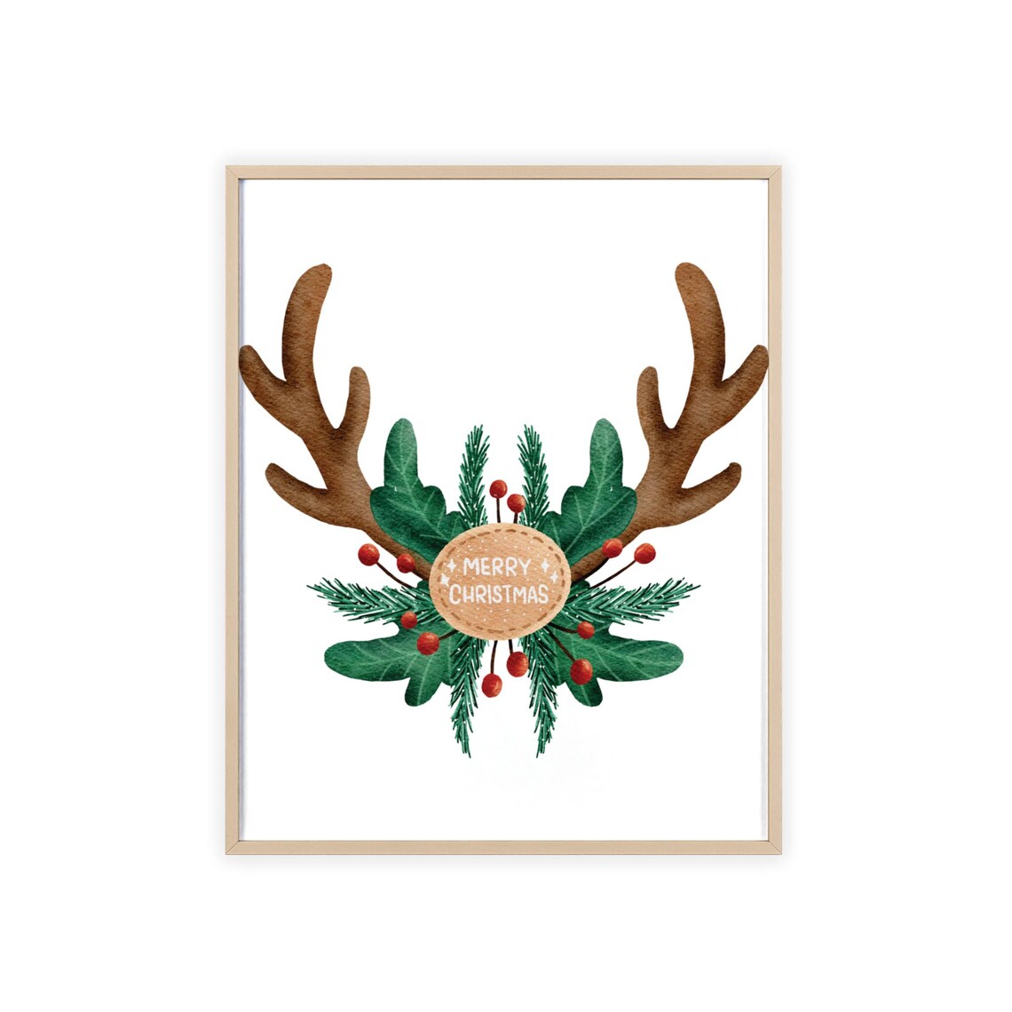 Merry Christmas Watercolor Reindeer Antlers Holly Berry Wreath Poster - Image 3