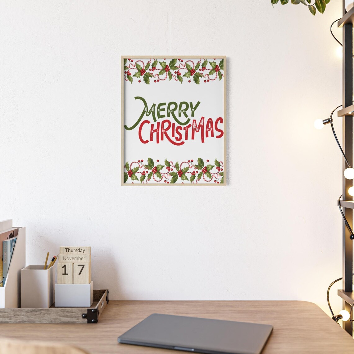 Merry Christmas Holly Berry Garland Red Green Lettering Poster - Image 2