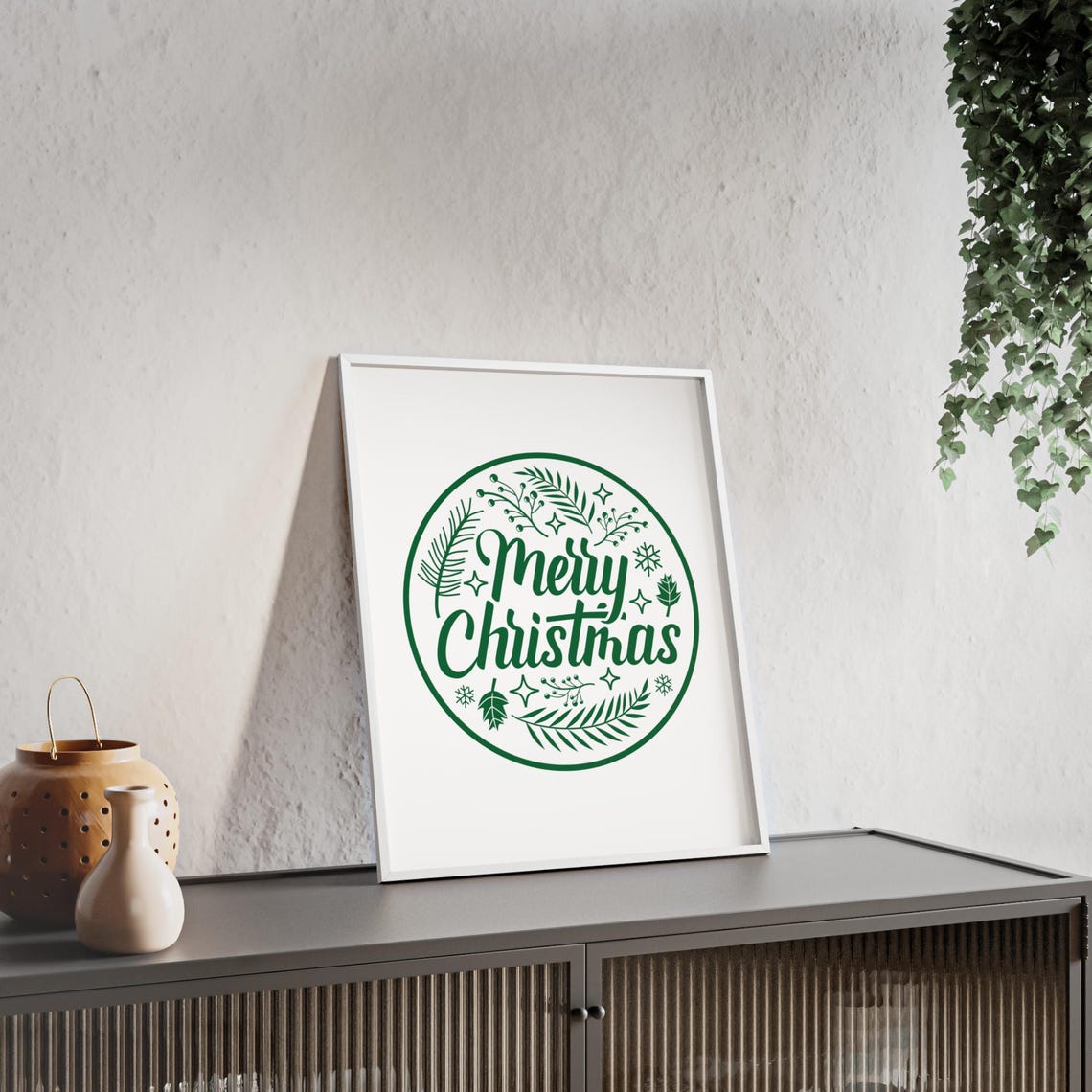 Merry Christmas Fresh Green Botanical Circle Leafy Holiday Poster