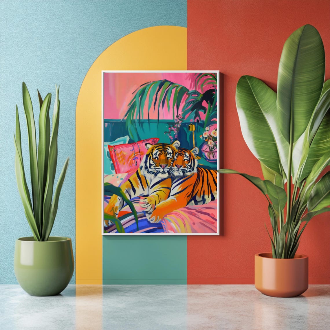 Two Tigers Cuddling Together on a Pink Sofa in a Tropical Room Poster - Image 3