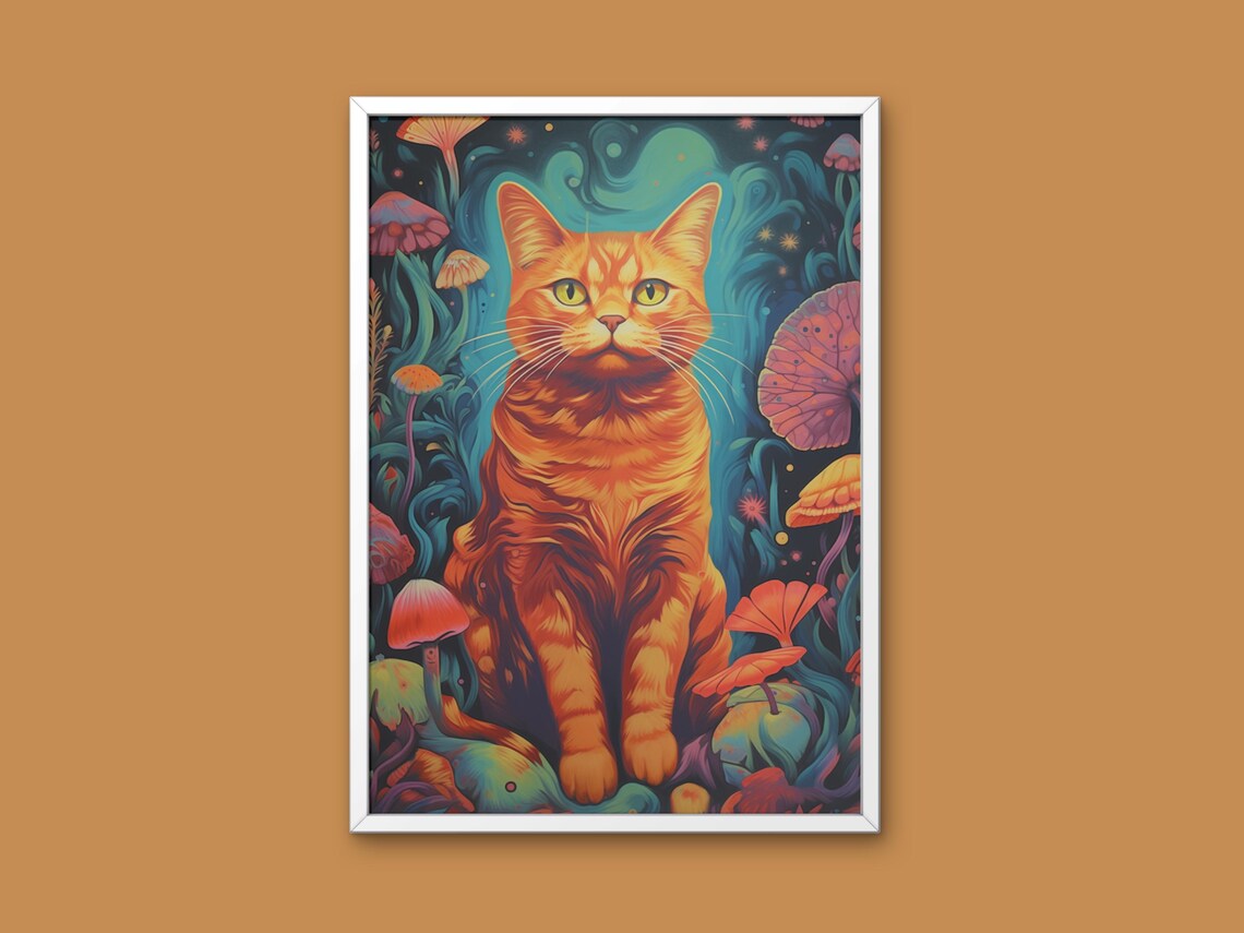 Ginger Cat In Magical Mushroom Forest Fantasy Illustration Poster
