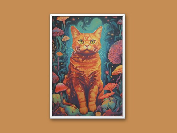 Ginger Cat In Magical Mushroom Forest Fantasy Illustration Poster