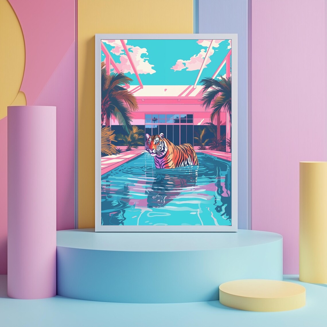 Tiger Wading in a Blue Pool at a Pink Palm Springs Villa Poster - Image 2