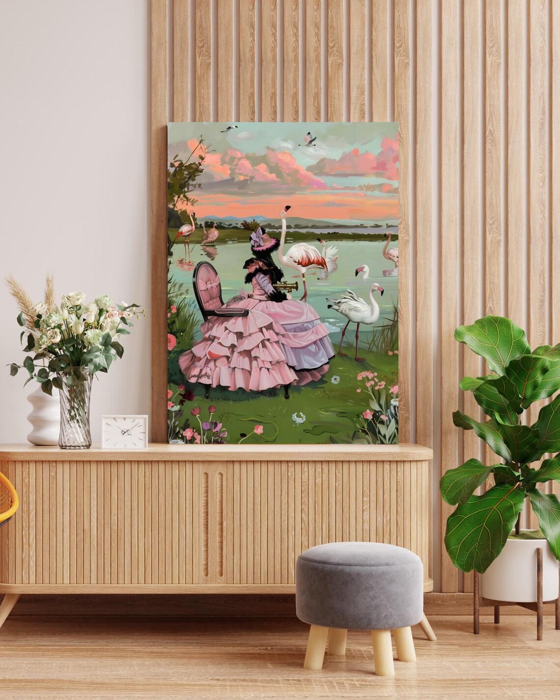 Lady Painting Flamingos at a Lakeside Sunset Painterly Poster - Image 2
