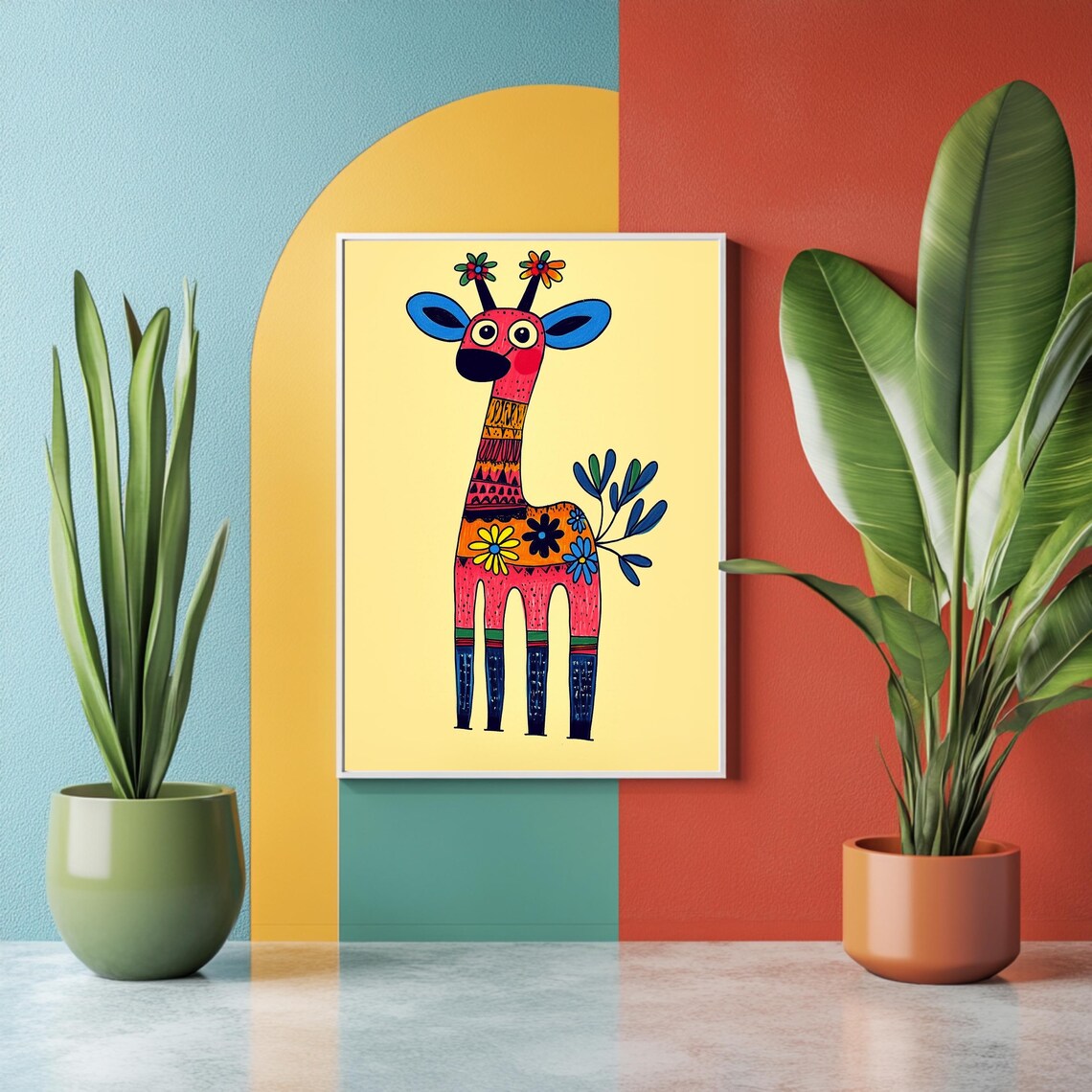Folk Art Giraffe With Flowers Colorful Nursery Animal Poster - Image 2