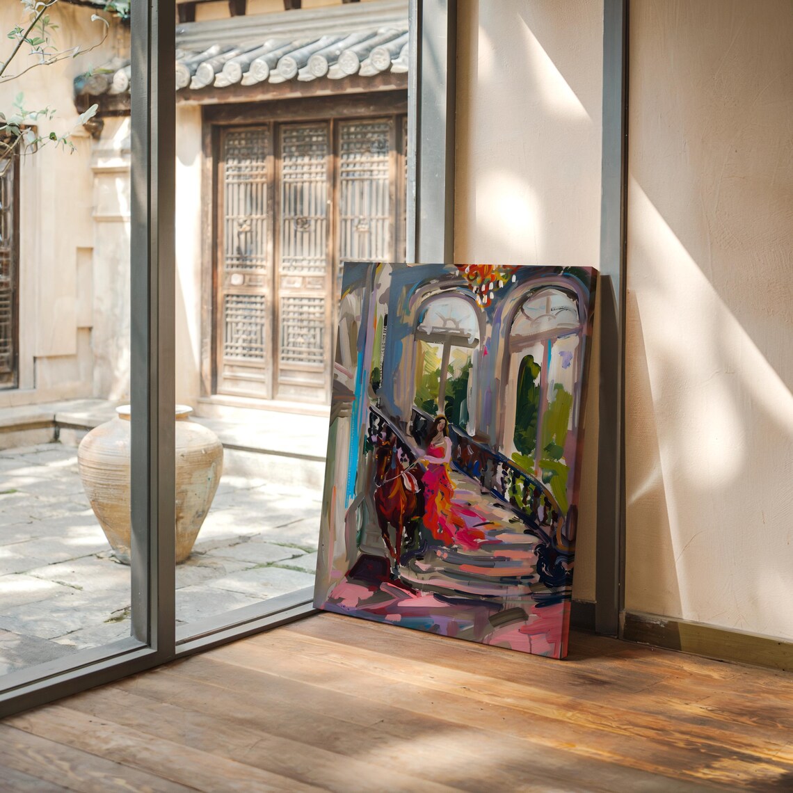 Woman in a Red Gown Leading a Horse Down a Grand Staircase Poster - Image 3