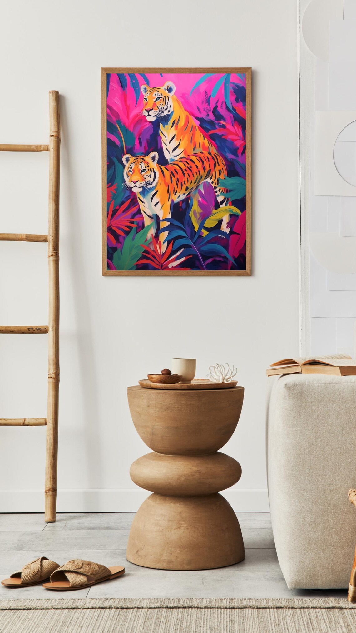 Pair Of Tigers In Neon Jungle Foliage Maximalist Wildlife Art Poster - Image 3