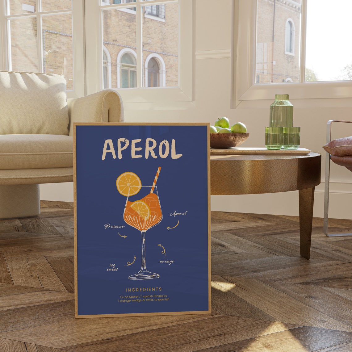 Aperol Spritz Cocktail Recipe Illustration on Navy Blue Print - Image 4