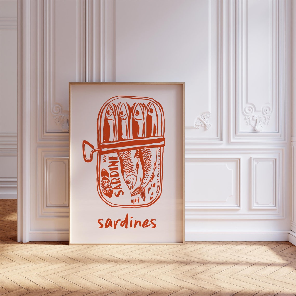 Red Sardine Tin Line Drawing Vintage Retro Seafood Food Art Poster