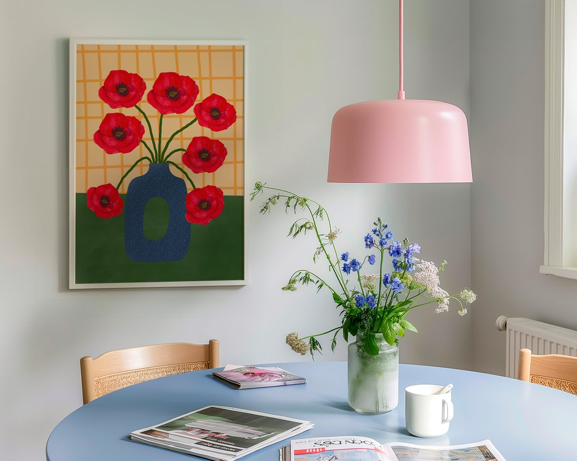 Red Poppies in Blue Dotted Vase on Orange Grid Floral Poster - Image 3