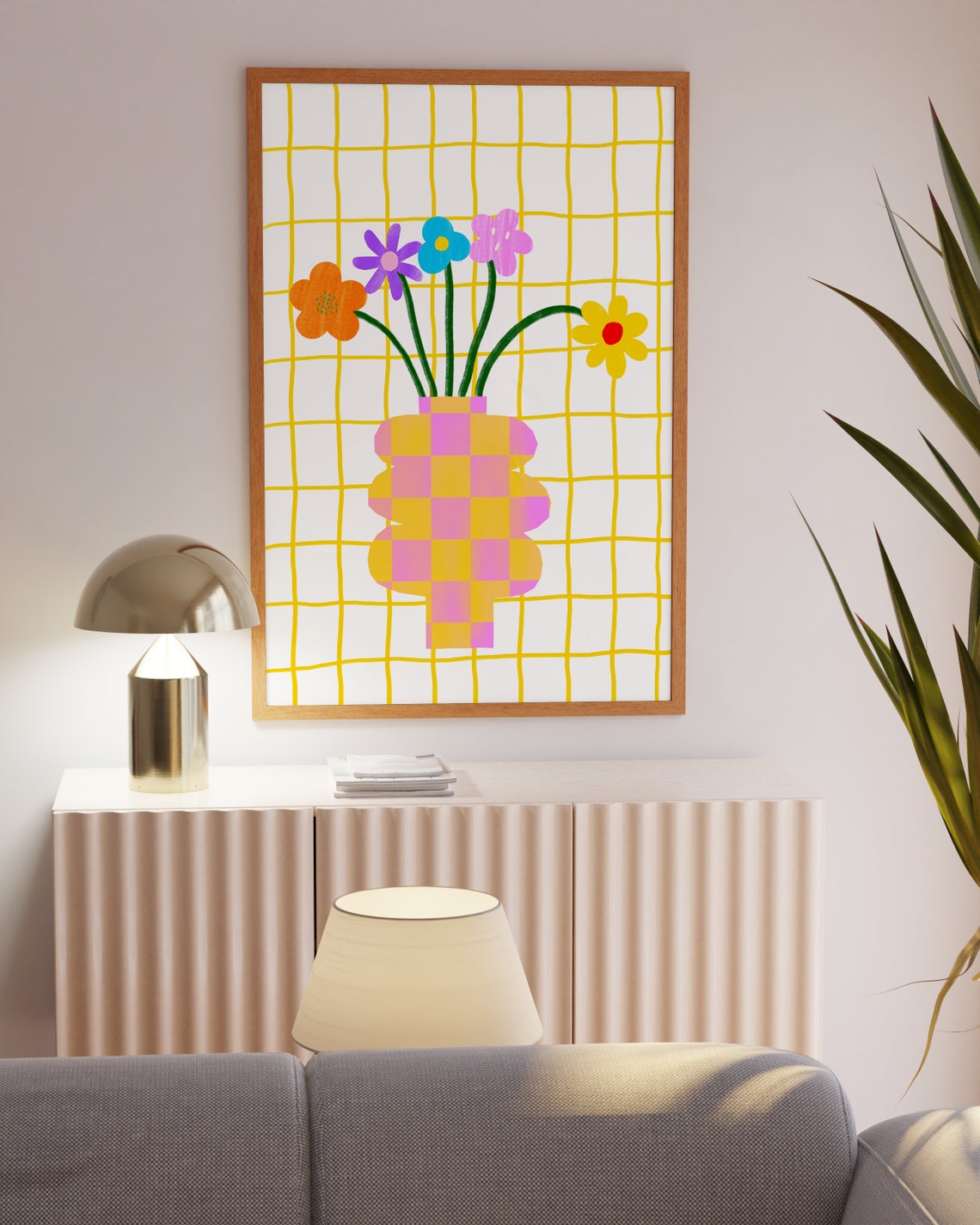 Colorful Wildflowers in Checkered Vase on Yellow Grid Poster - Image 3