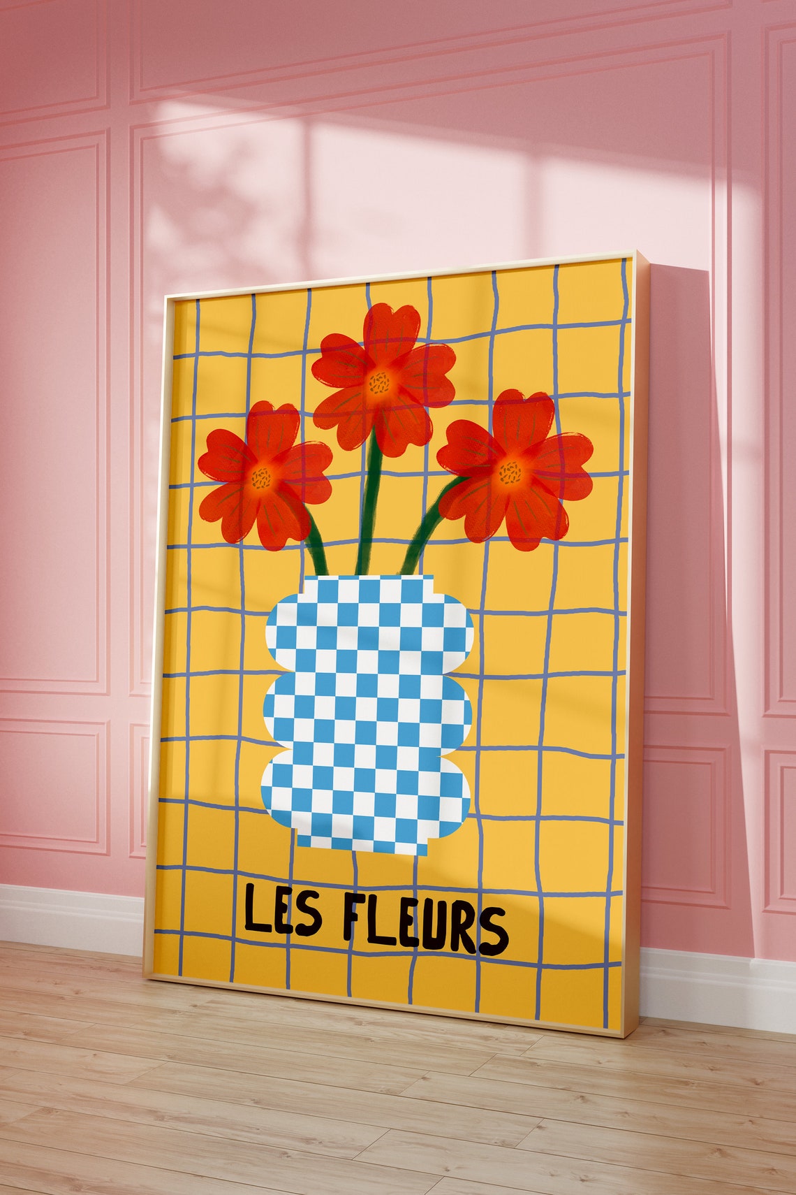 Les Fleurs Red Flowers in Checkered Vase on Yellow Grid Poster - Image 4