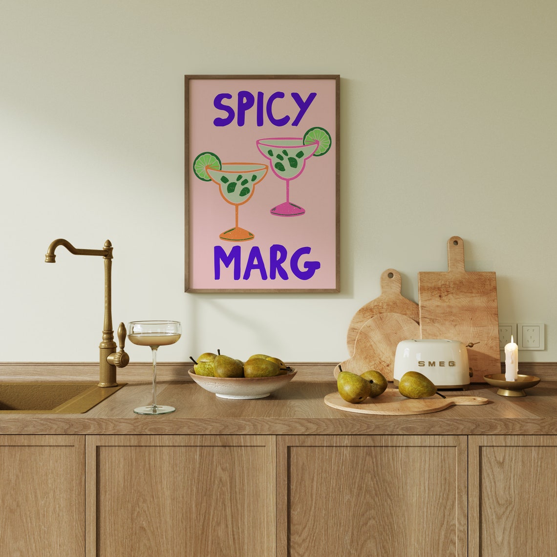Spicy Marg Margarita Cocktail Two Glasses Pink Kitchen Bar Poster