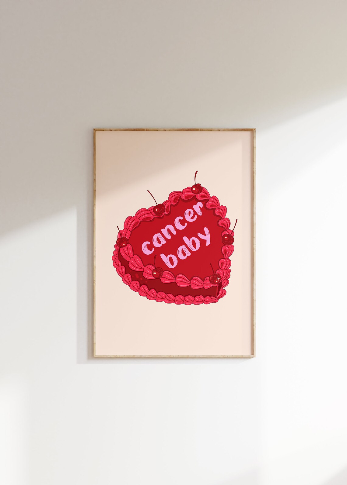 Cancer Baby Red Vintage Heart Cake Cherries Zodiac Art Print