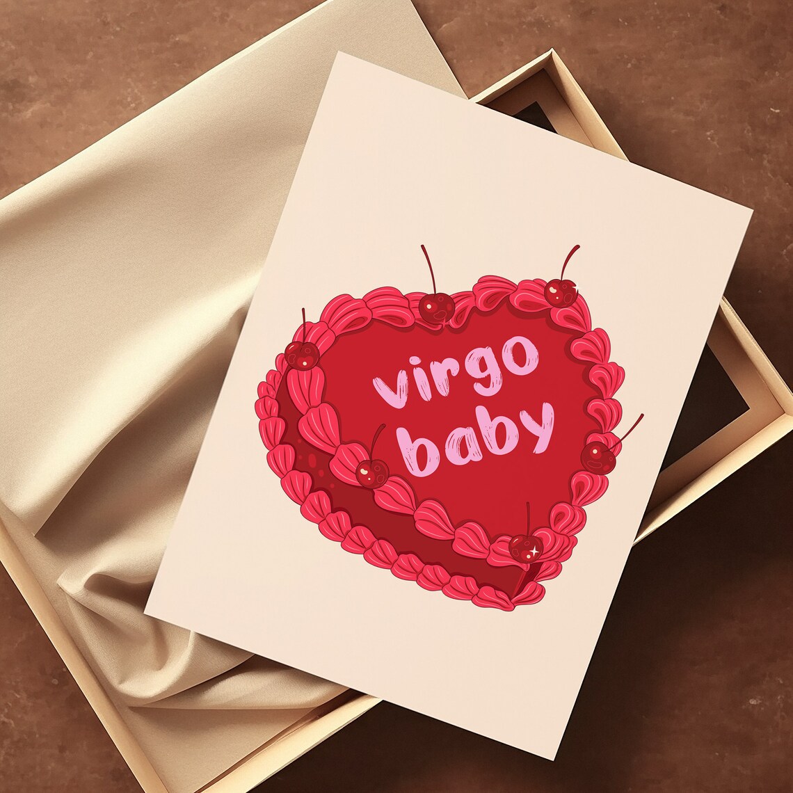 Virgo Baby Red Vintage Heart Cake With Cherries Zodiac Art Print - Image 2