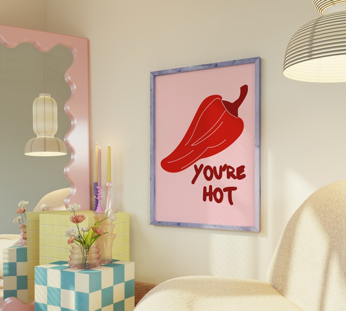 You're Hot Red Chili Pepper Spicy Bold Pink Minimalist Wall Art - Image 5
