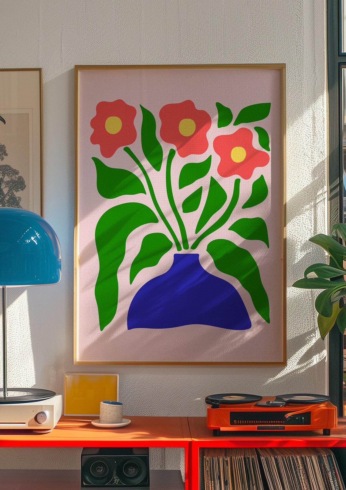 Red Flowers and Blue Vase Bold Modern Floral Statement Print - Image 2