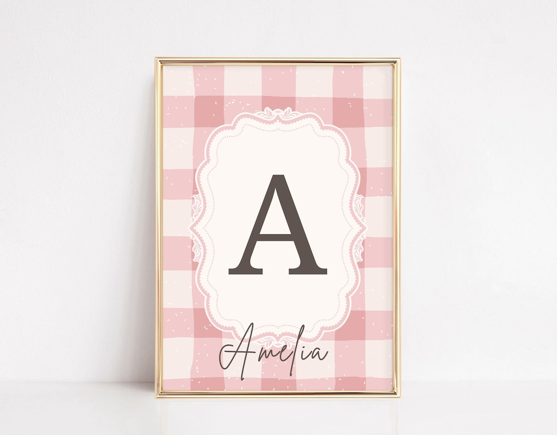 Pink Gingham Letter A Monogram Amelia Nursery Name Sign Poster