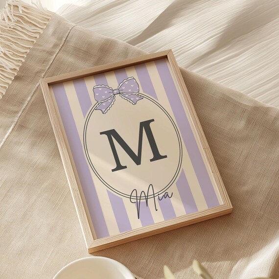 Personalized Lavender Striped Initial M Mia Bow Nursery Print
