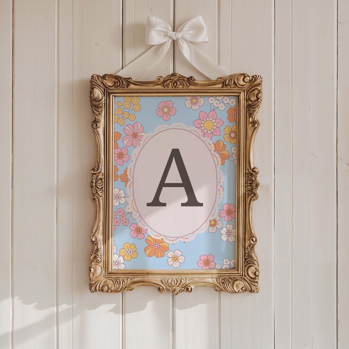 Personalized Floral Initial Letter Blue Pastel Nursery Monogram Print