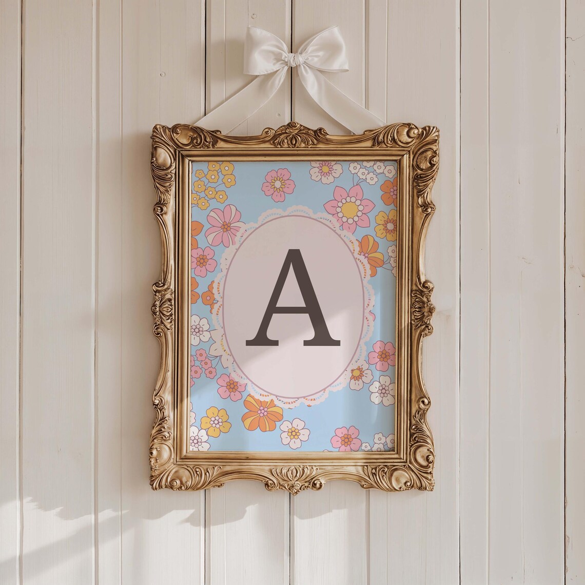 Personalized Initial Wall Art Blue Pastel Striped Nursery Print Custom Letter Baby Name Floral Monogram
