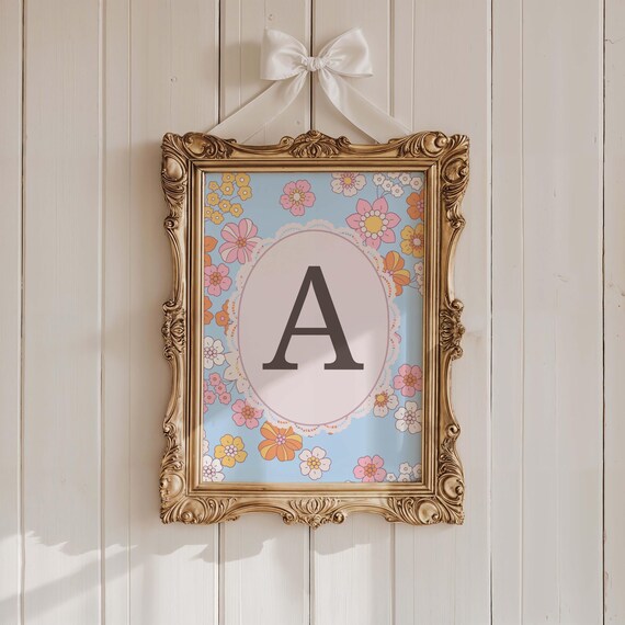 Personalized Initial Wall Art Blue Pastel Striped Nursery Print Custom Letter Baby Name Floral Monogram