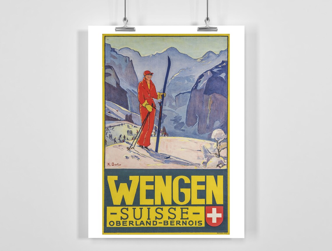 Wengen Suisse Vintage Ski Poster Red Skier Swiss Alps Retro Travel Art