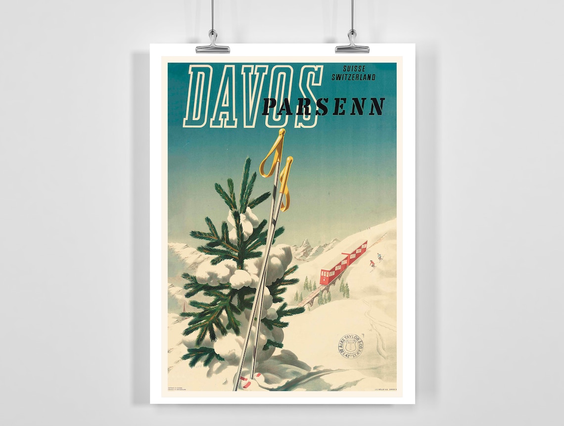 Davos Parsenn Mountain Snow Switzerland Vintage Ski Poster